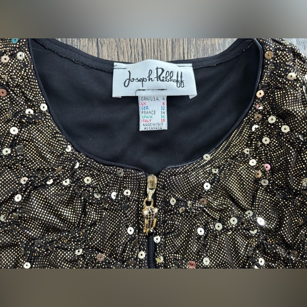 JOSEPH RIBKOFF Metallic Gold Sequin Textured Evening Jacket Size 4US VTG Runched - Picture 3 of 9